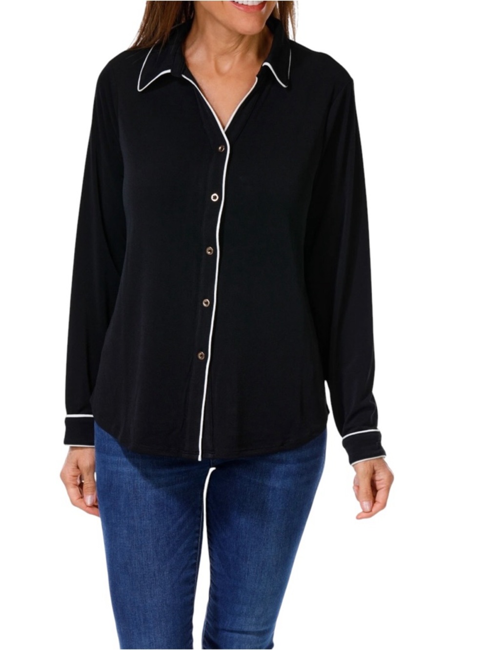 Adrianna Papell Black Button-Down Top with White Piping